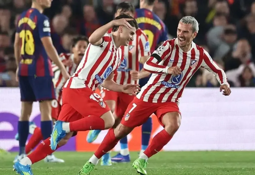 Selebrasi penyerang Atletico Madrid, Julian Alvarez usai mencetak gol ke gawang Barcelona. UEFA.com