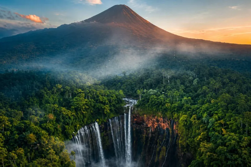  Objek wisata Air Terjun Tumpak Sewu dengan latar belakang Gunung Semeru