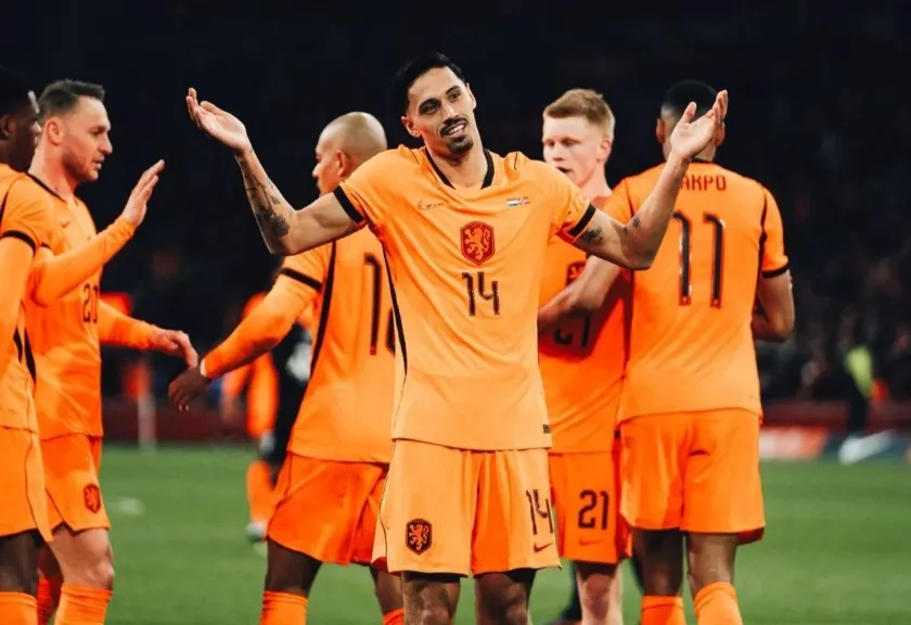 Selebrasi Tijjani Reijnders setelah mencetak gol kedua Timnas Belanda ke gawang Norwegia. 