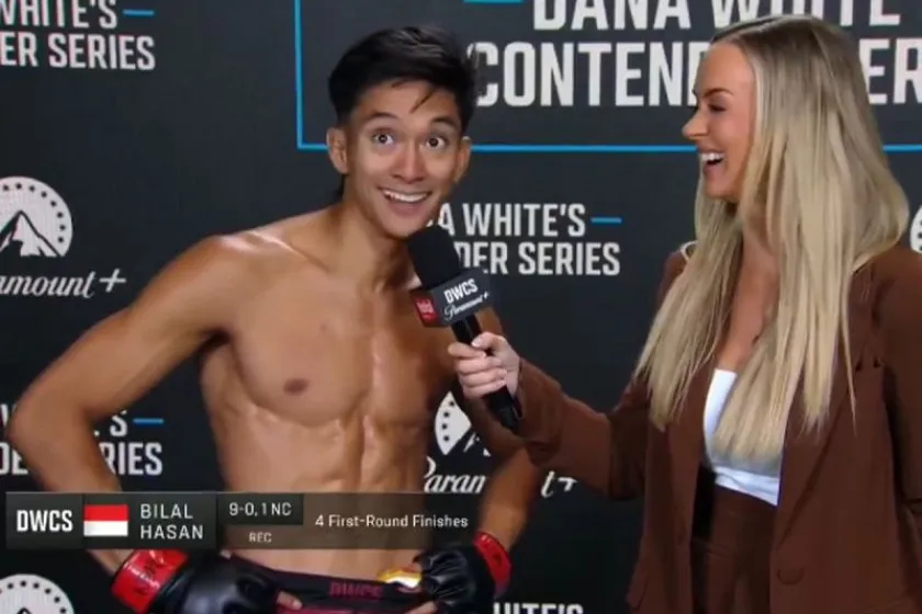 Bilal Hasan diwawancarai setelah menang TKO 45 detik atas Mridul Saikia di DWCS Season 10