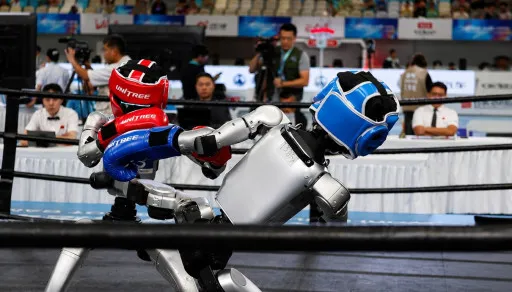 Robot humanoid bertanding dalam World Humanoid Robot Games (WHRG) 2026 di Beijing, China, 26/8/2026